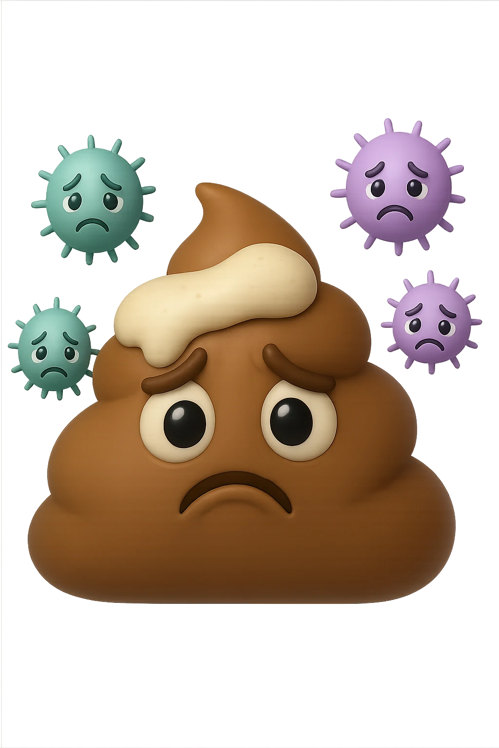 emoji stile iphone 3d di una cacca con muco bianco sopra, dietro cui fluttuano batteri intestinali tristi, iperrealistiche 4k emoji