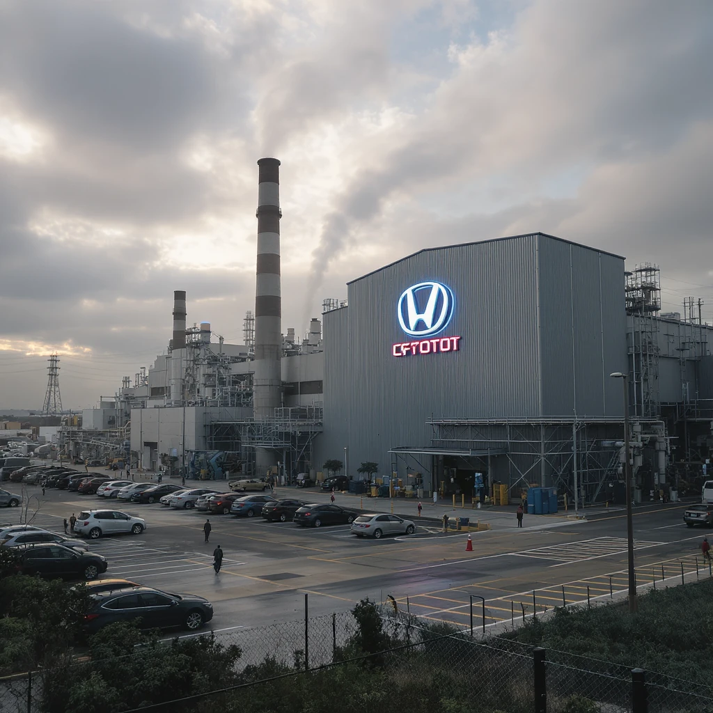 Realistic car factory exterior, large industrial building with smokestacks, parking lots filled with cars, factory grounds with machinery and equipment, realistic lighting and shadows, industrial atmosphere, workers in uniforms walking around, company logo on the building emoji