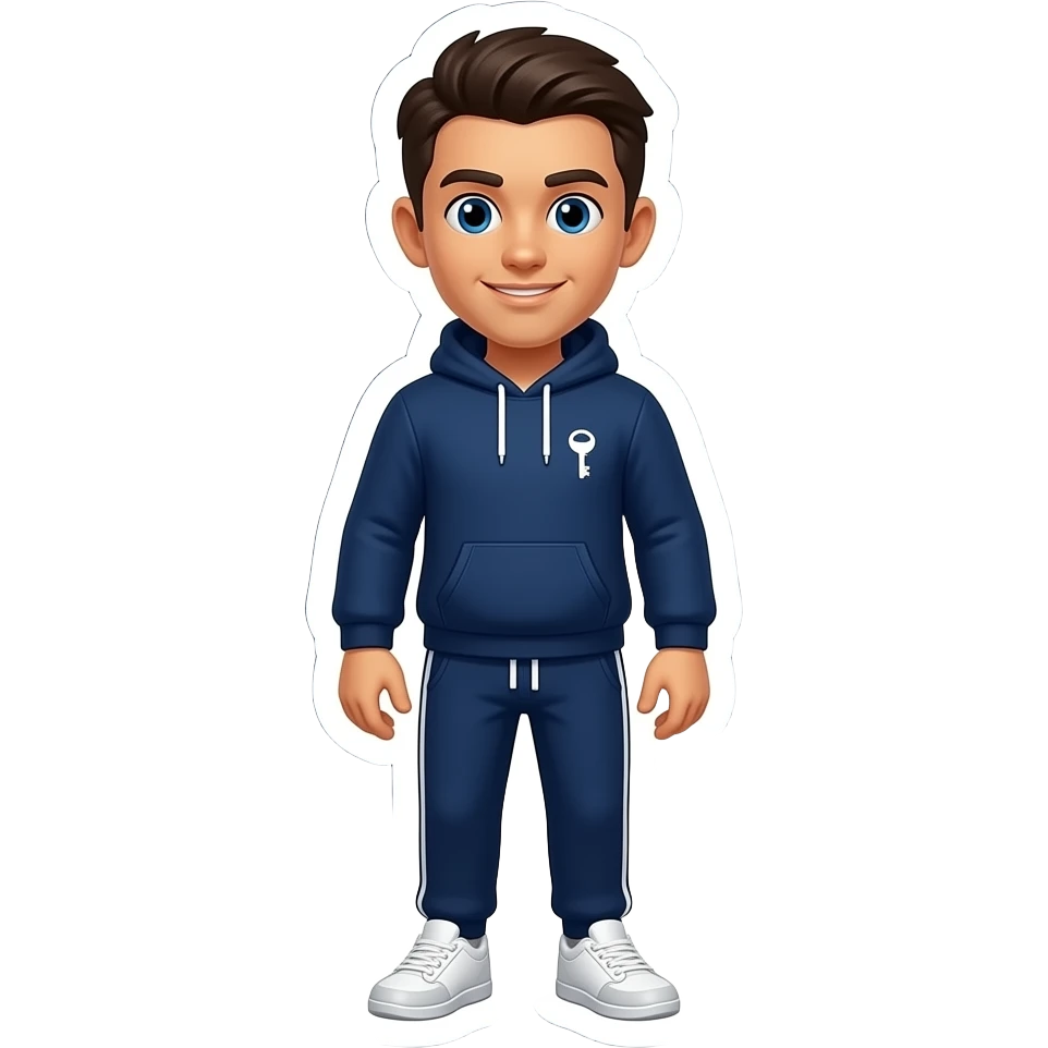 Single Telegram sticker, friendly young male crypto trader mascot, mid 20s, navy blue hoodie with small key logo, jogger pants,  white sneakers, neat modern haircut, stylized realism,  cel-shaded, dark navy #1a1a2e background,  thick white sticker outline, no text emoji