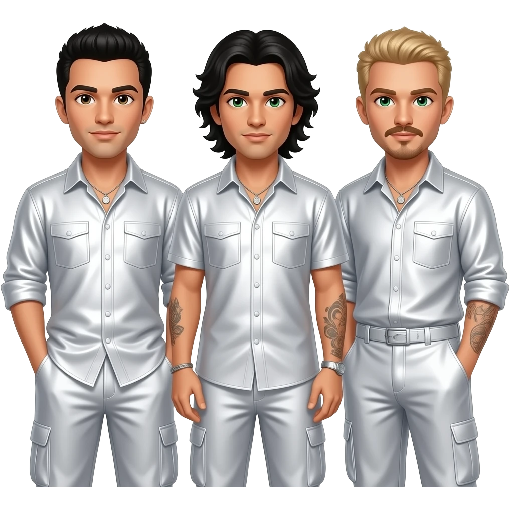 Backstreet Boys with Howie with brown eyes, black hair, white metallic shirt and baggy pants, Kevin with green eyes, long black hair and short mustache, white metallic shirt and baggy pants emoji