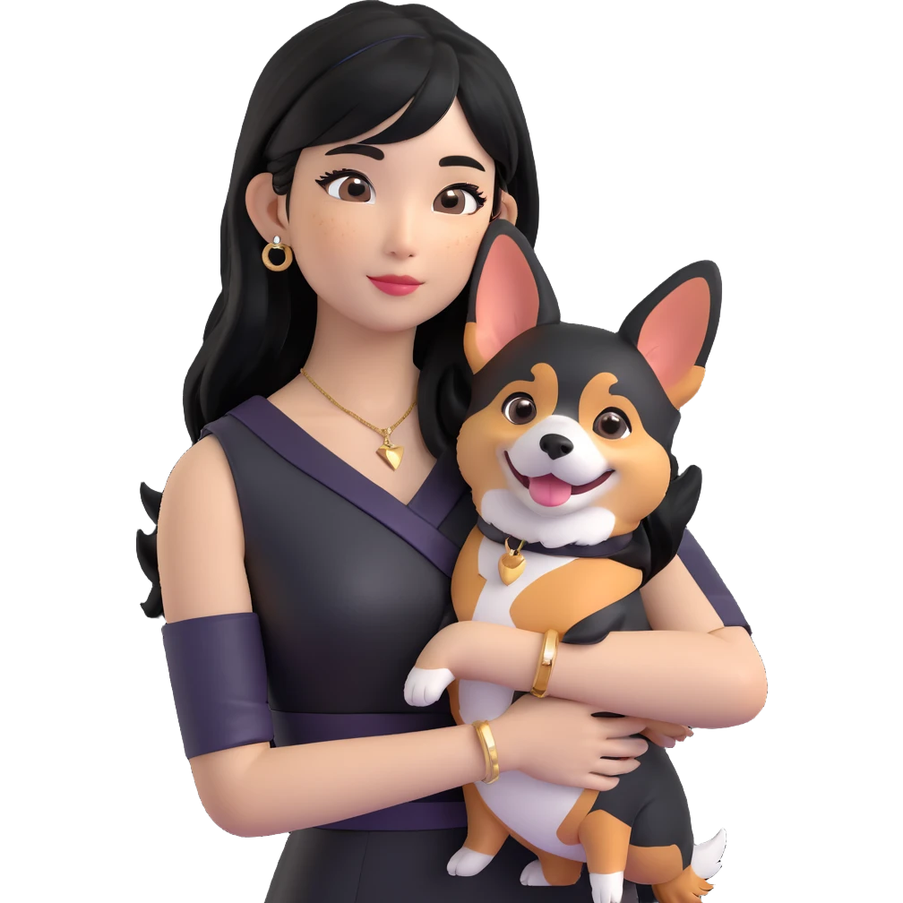 expressive emoji of an Asian girl with long black hair with wispy deep side-parted bangs, false lashes, a 3/4th sleeve tattoo on her left arm, wearing a black sleeveless leather dress with gold earrings, hugging a silly tri-color Corgi, simple emoji-like, 3D emoji style emoji