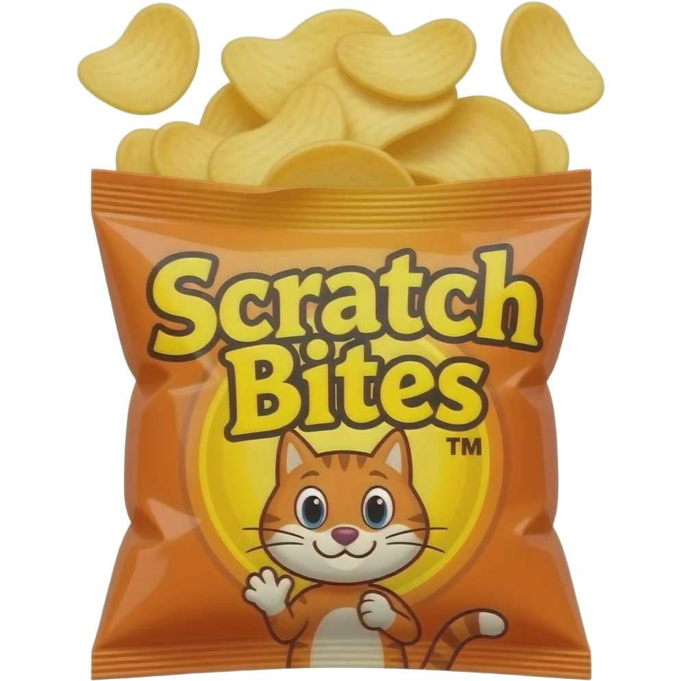 a colorful chip bag with a fun cartoon style, bold logo that says, “Scratch Bites™”, orange and yellow colors, shiny plastic texture, slightly crinkled, with chips bursting out of the top, 3D emoji style. Make it like the coding website, "Scratch" with the Scratch Cat emoji
