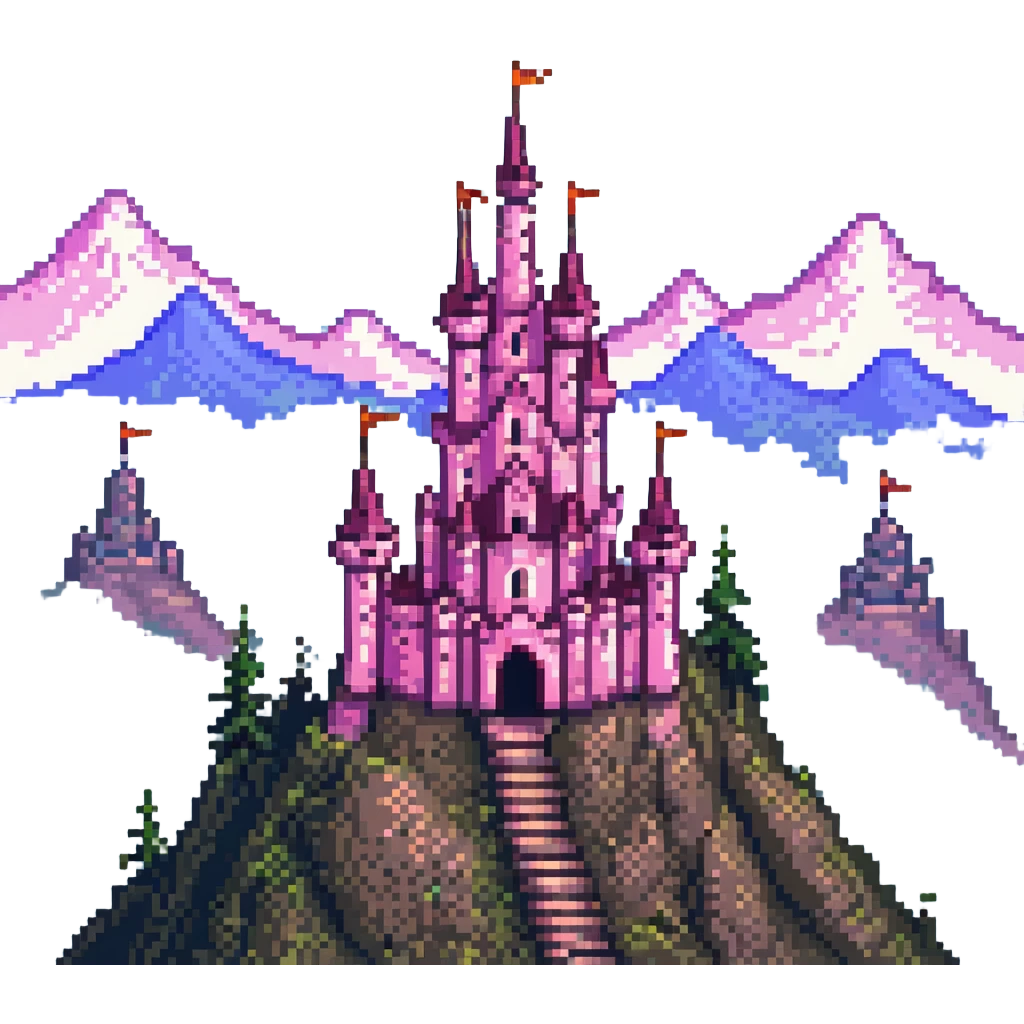 charming pink castle with towers on a mountain peak, pixel art, adorable and intricate, bright and cheerful, fantasy setting emoji