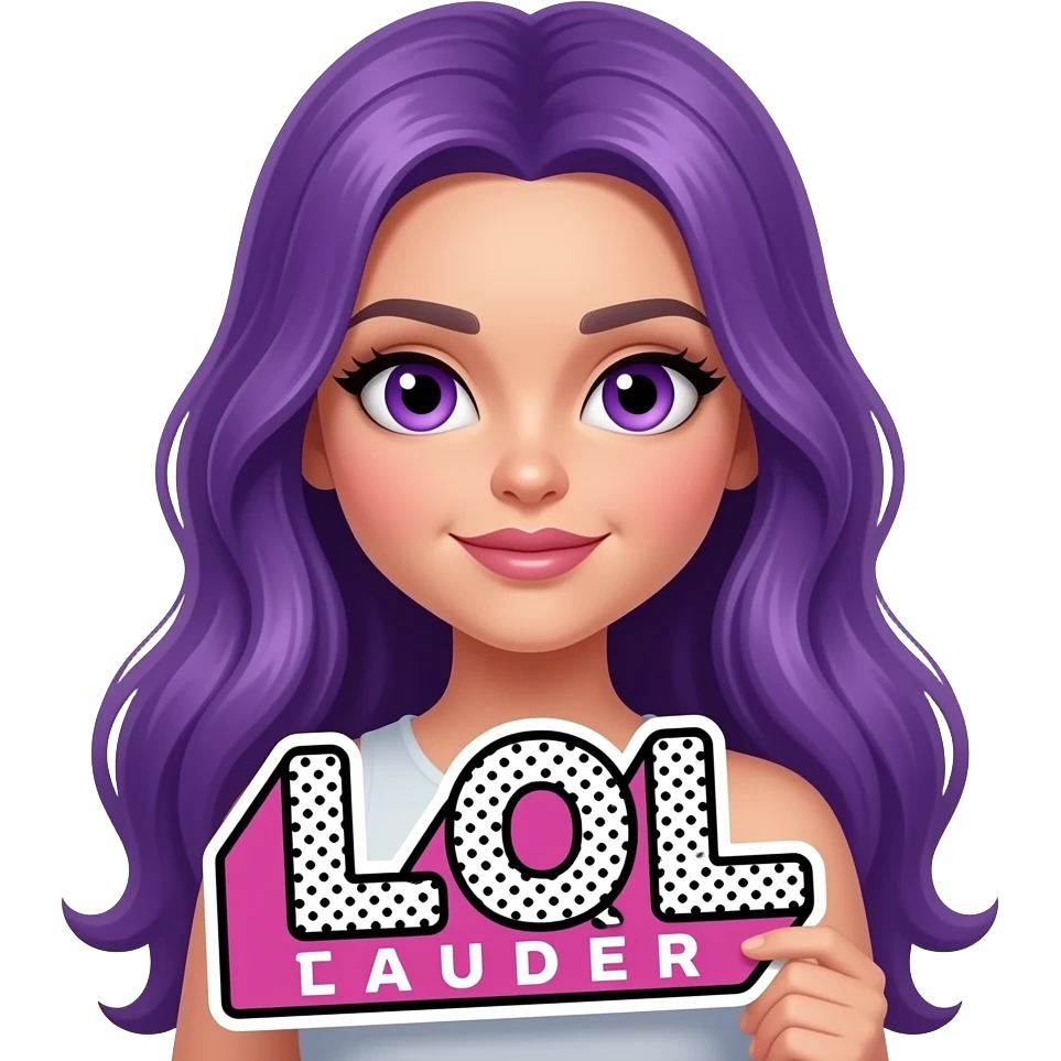 sexy girl with long purple hair and purple eyes holding a L O L sign emoji