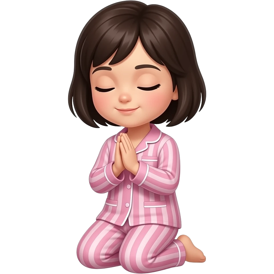 chica de cabello oscuro y corto sin accesorios, con ojos color cafe, con una pijama color rosa con rayas, de rodillas orando con los ojos cerrados emoji