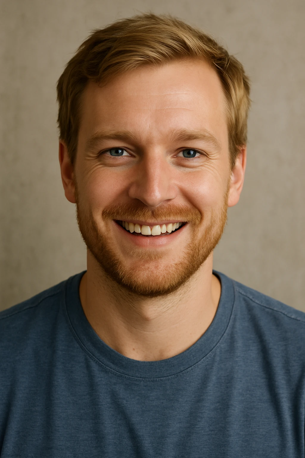 A cheerful 35-year-old man, blonde, blue-eyed, with a light beard, smiling. emoji