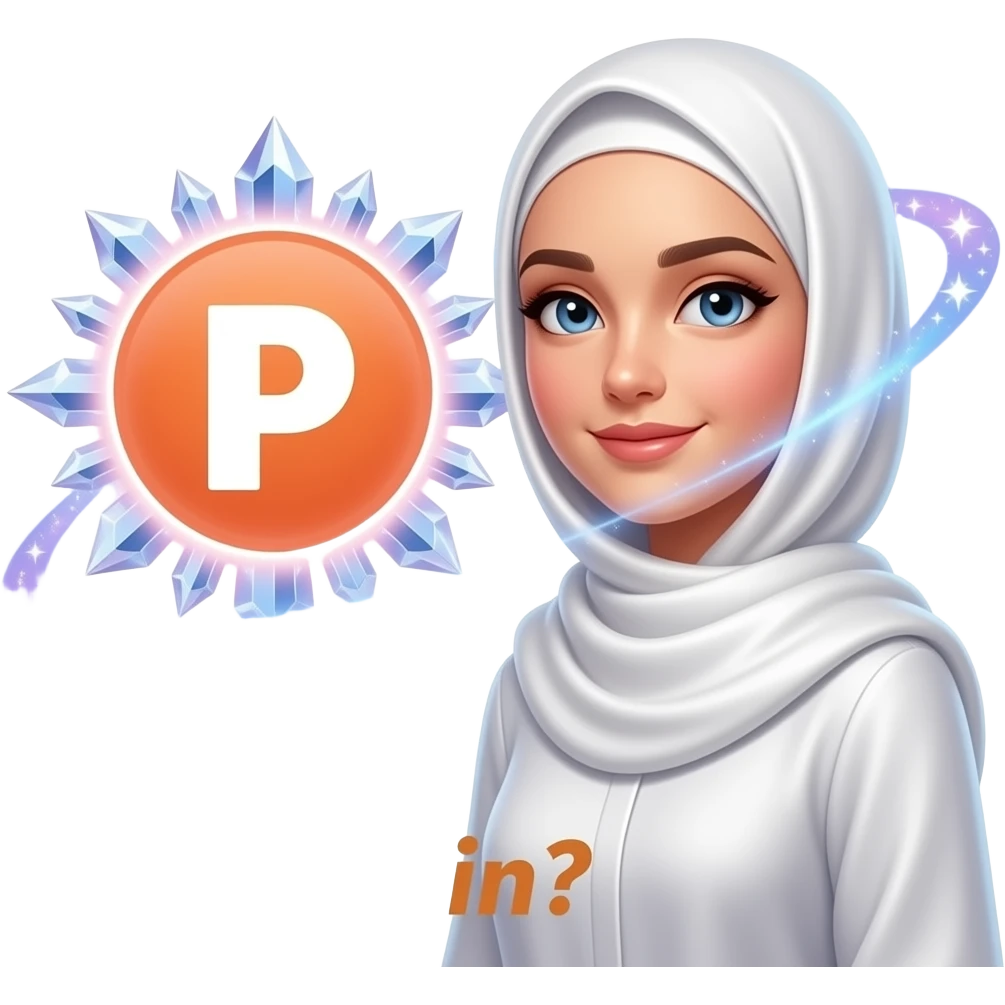 A beautiful woman in a pearl-white satin hijab, left around a glowing Patreon logo made of crystalline light. Swirling trails of celestial energy and stardust surround. Amber color text: 'What do they get in?'. Isolated on white, soft pastel colors, 3D icon style, ultra-detailed emoji