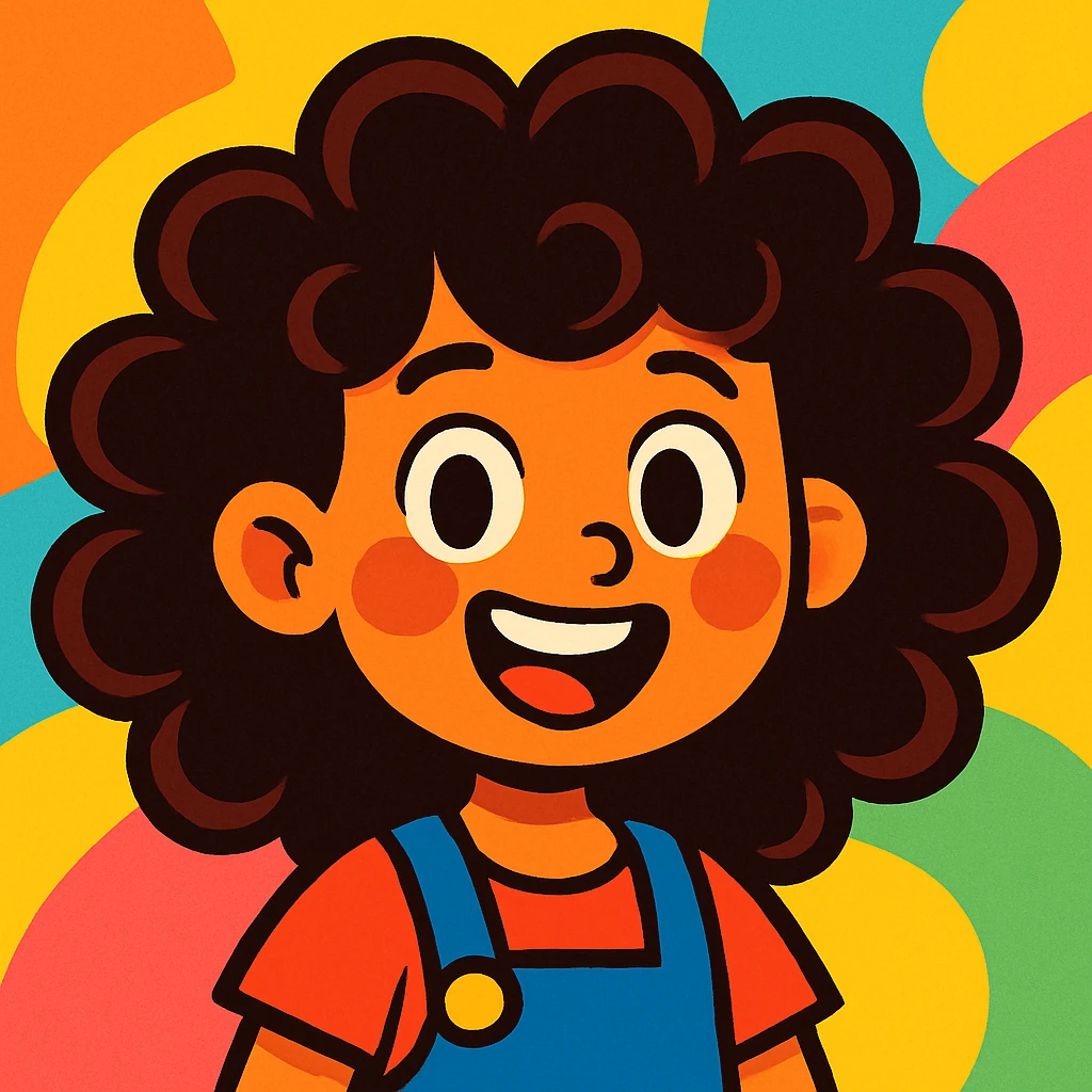 curly hair girl, vibrant cartoon style, cheerful expression emoji