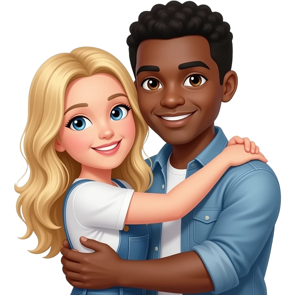 Blonde girlfriend giving black boyfriend a hug emoji