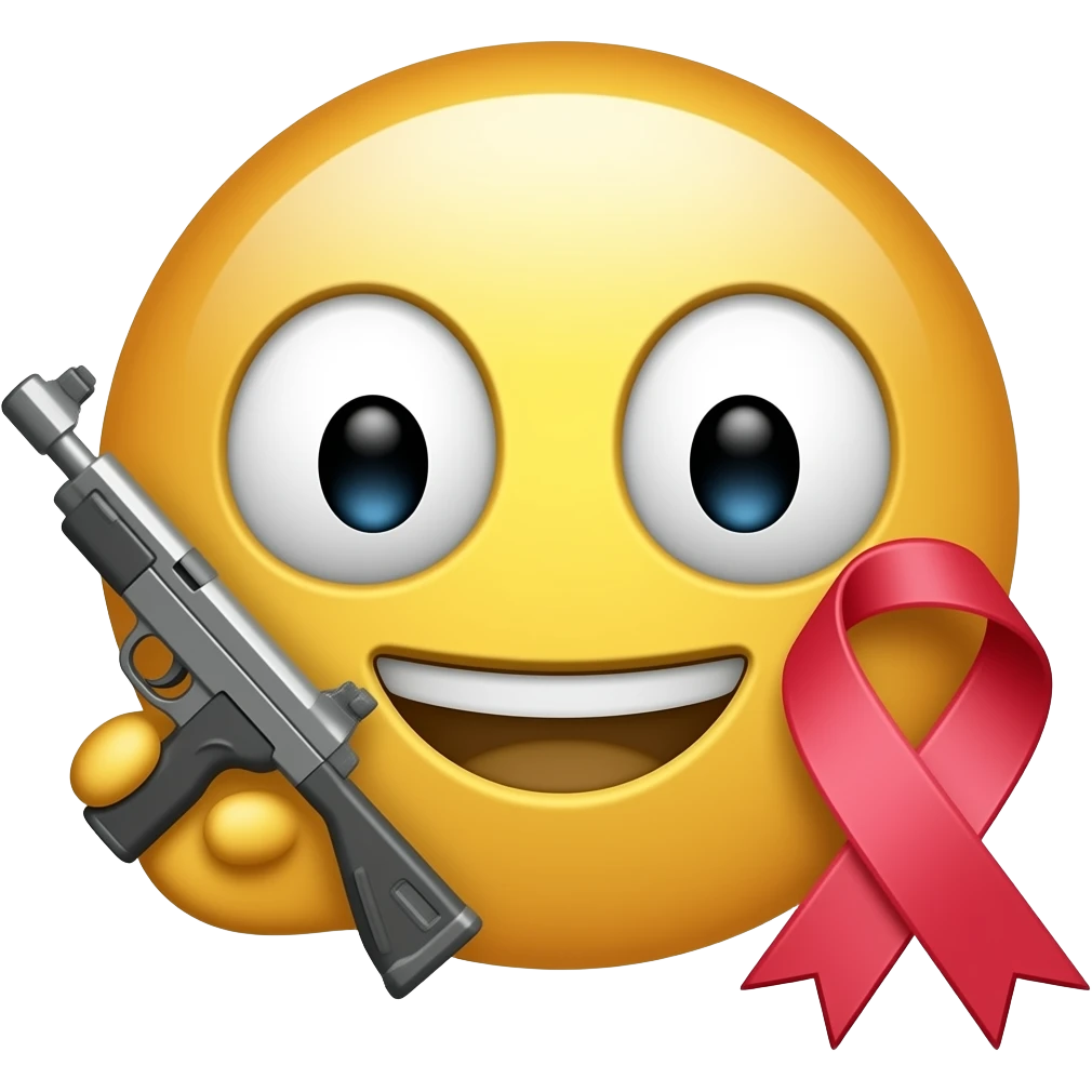 Una cara pero de emojis hecha como iPhone, aguantando una metralleta con un lazo emoji