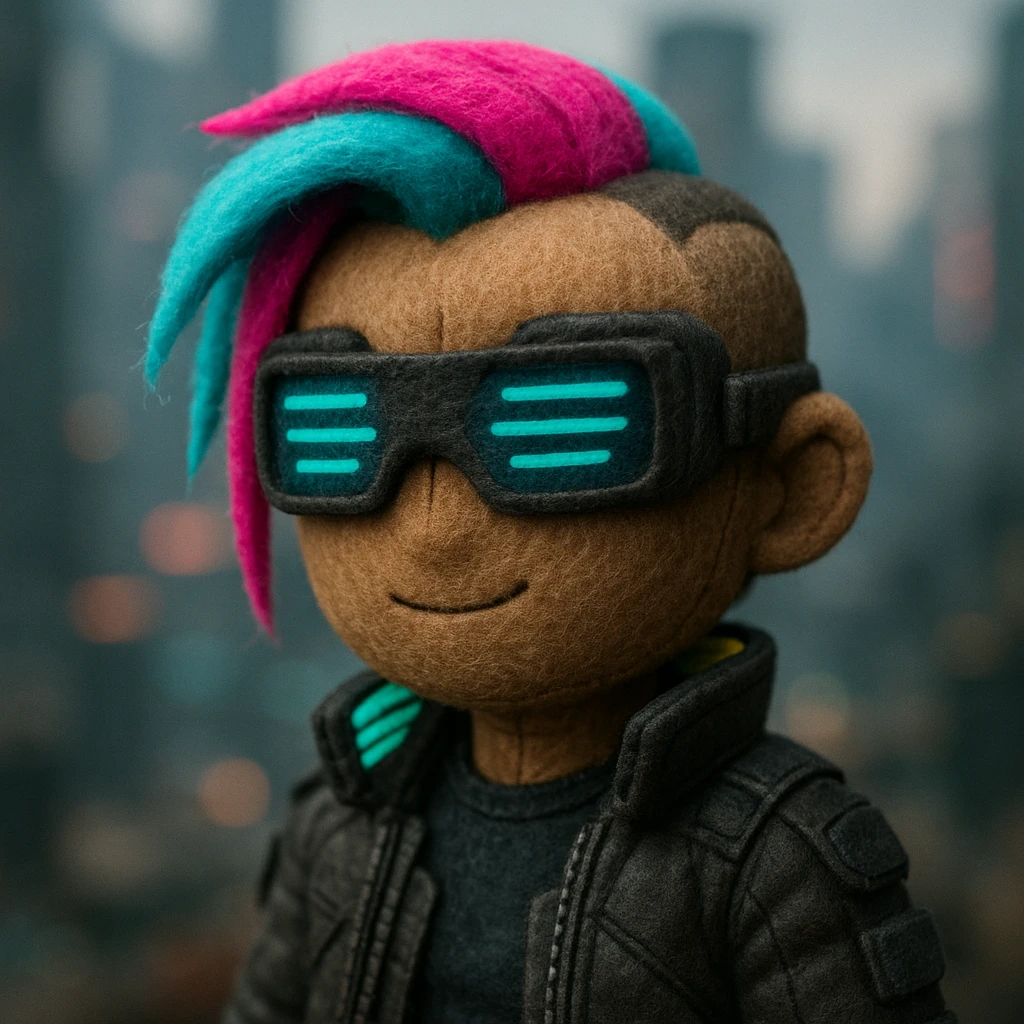 cyberpunk 2077 character with neon hair, tech goggles, futuristic city background emoji