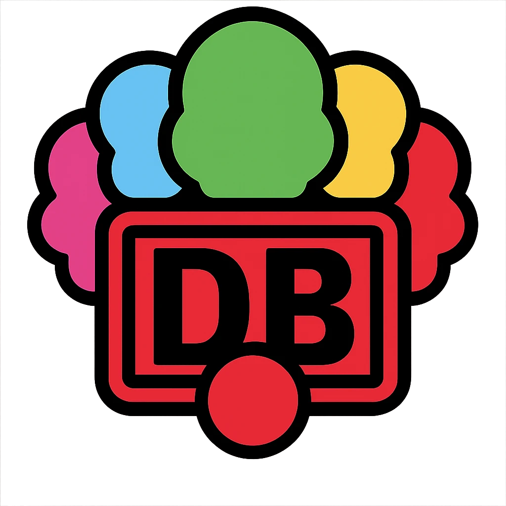 Edit the Deutsche Bahn logo to have a colorful clown hairstyle and a red nose, without a bow tie. The image should be clear, humorous, and suitable as an icon with a transparent background. emoji