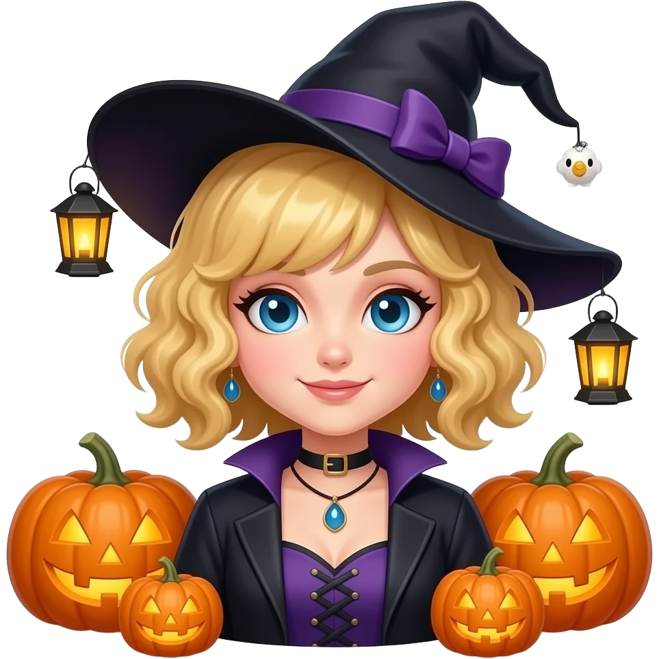 blonde tight curly hair in a short bob Happy Halloween with a witch outfit with pumpkins and lanterns around emoji