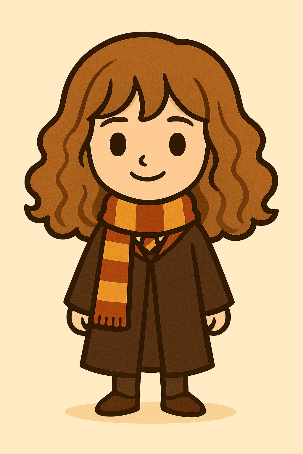 Full body illustration of Hermione Granger in a cute, cartoon, simplified style similar to the previous image. Light brown hair, striped scarf, Hogwarts robe, friendly expression, bold black lines, and soft colors. emoji