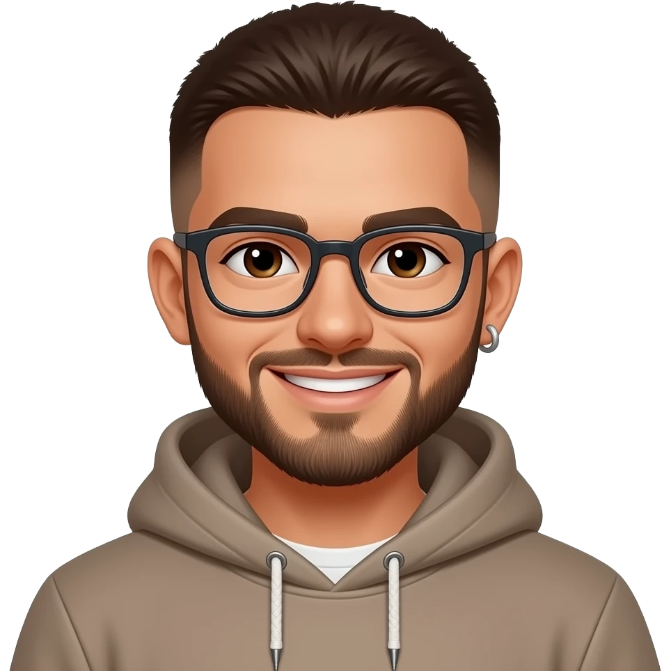 caramel skin man in his 20s with buzzcut. dark brown eyes. beard. glasses. smiling. wearing a hoodie. earrings. emoji