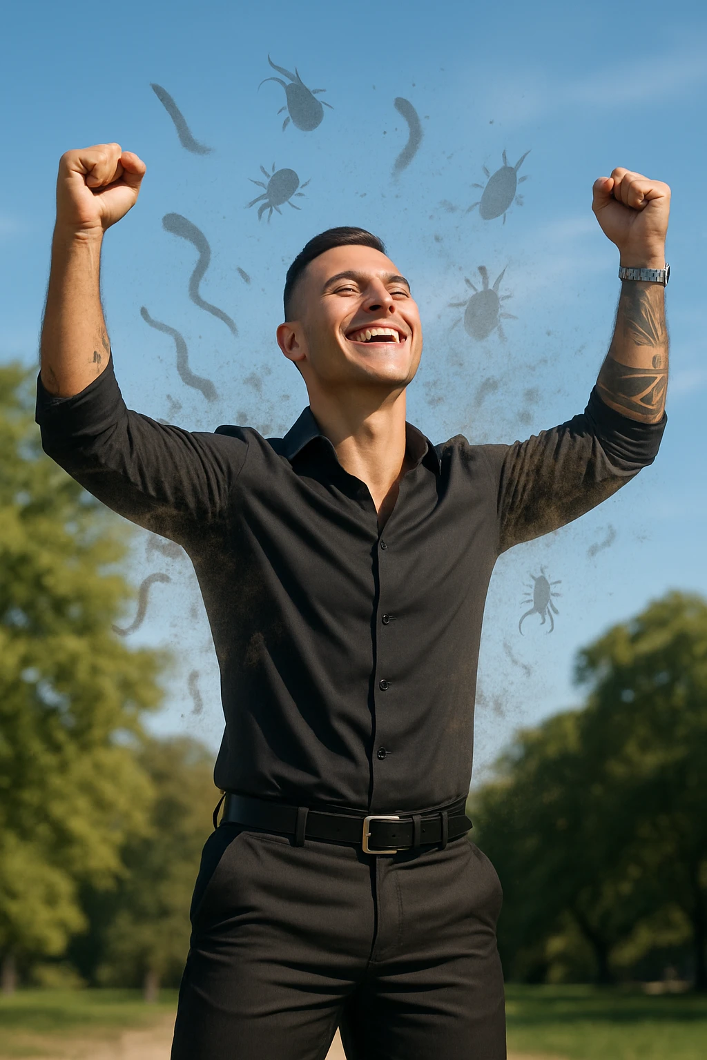 a man stands outdoors in bright sunlight, arms raised in relief and joy, while faint, shadowy silhouettes of parasites fall away from his body and dissolve into the air. His posture is upright and energetic, his expression serene and healthy. The background features green trees and a clear sky, emphasizing liberation and restored well-being. emoji