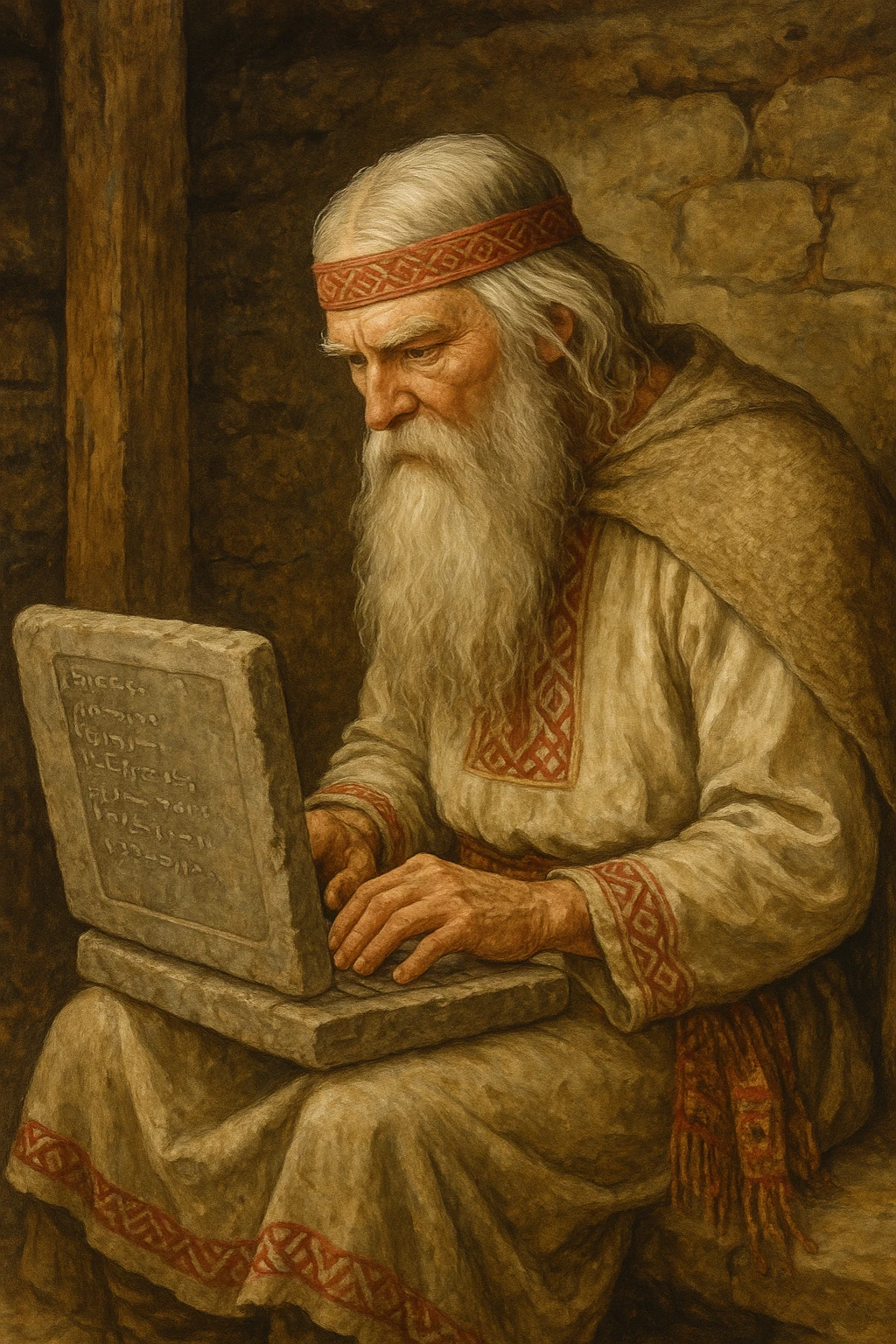Old Slavic man programming on a stone laptop, with a beard and traditional attire emoji