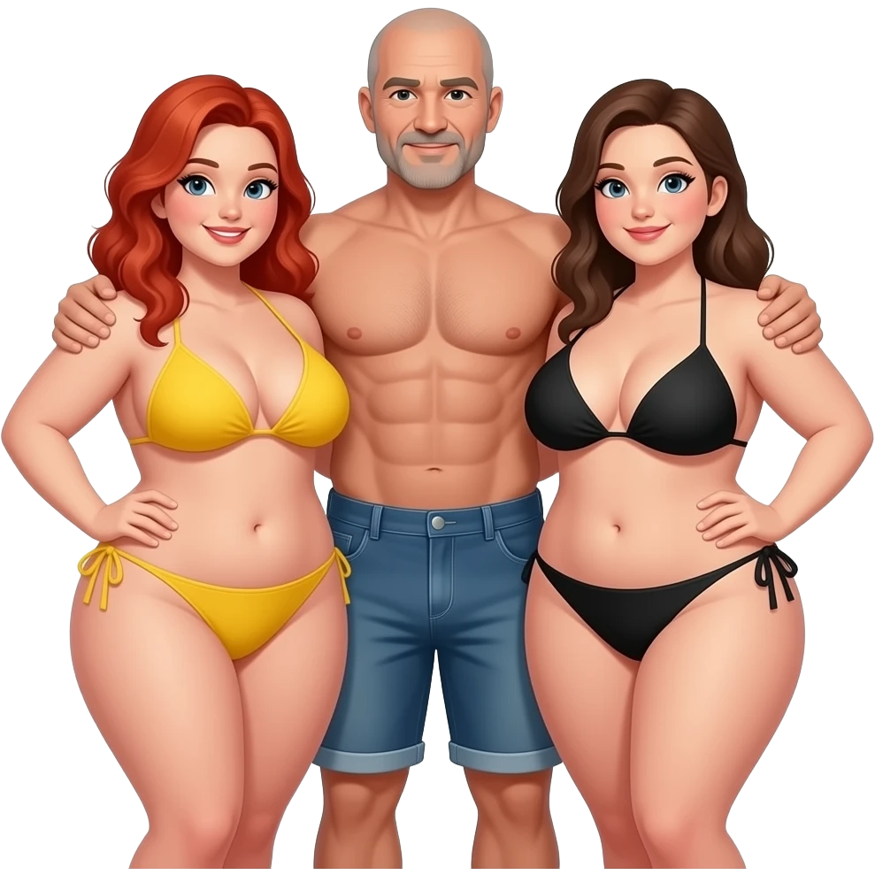 Handsome, bald,  muscular man with goatee, age 57,  standing with arms around 2 very full figured curvy women in bikinis, redhead with yellow bikini and brunette black bikini with larger breasts emoji