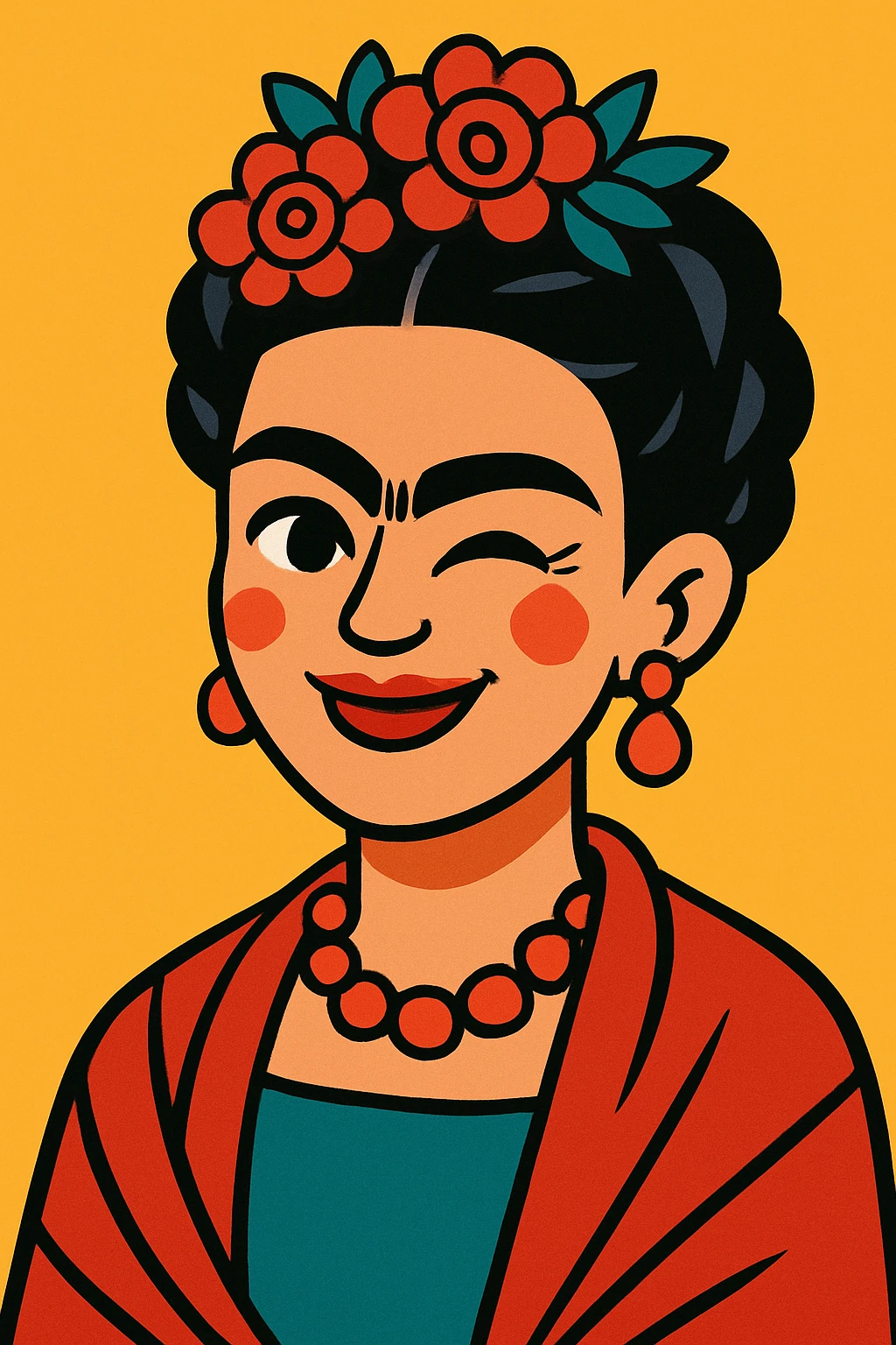 portrait vibrant de Frida Kahlo souriante qui fait un clin d'œil, couleurs vives, fond simple emoji