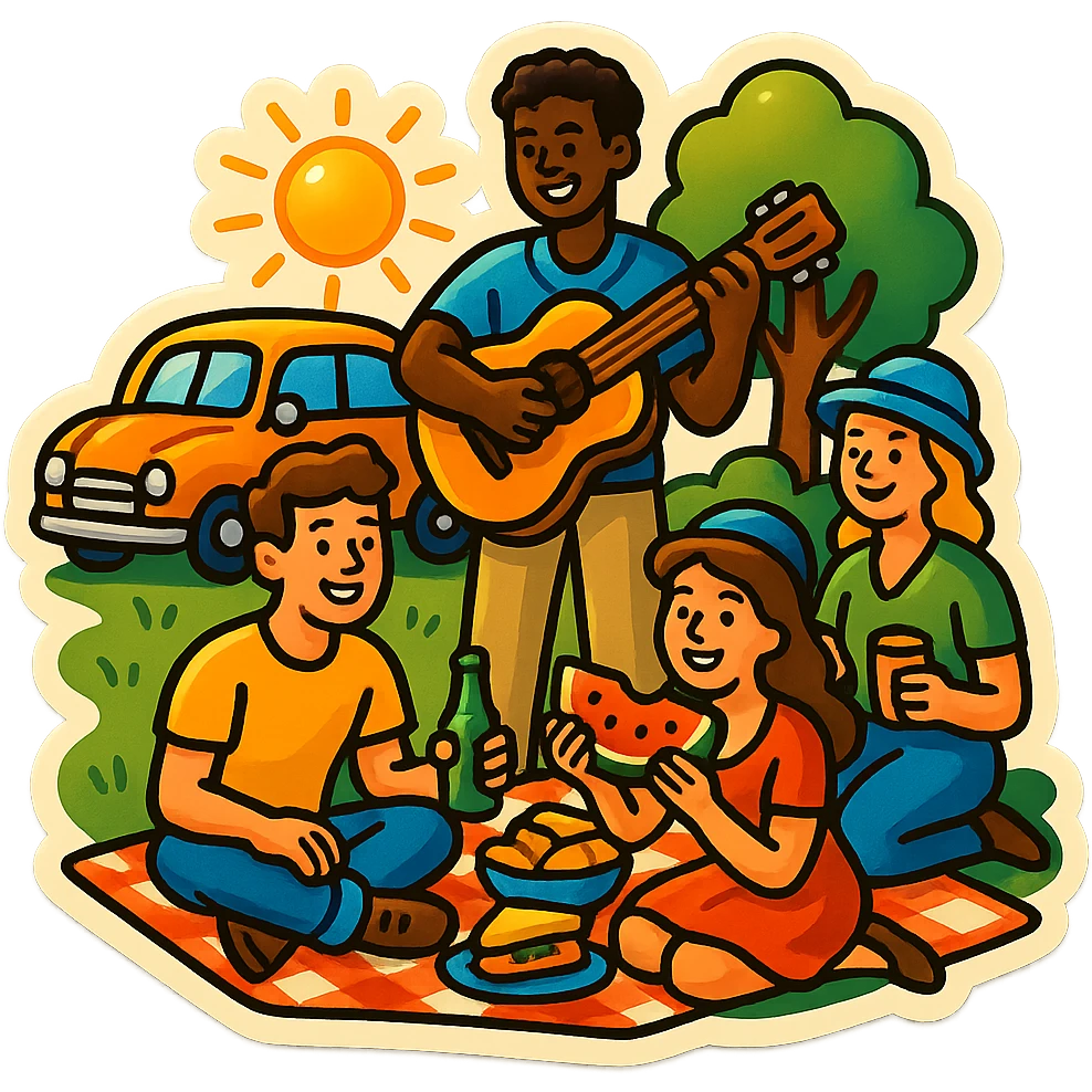 A group of friends having a picnic in retro stickers style, with a vintage setting and colorful details emoji
