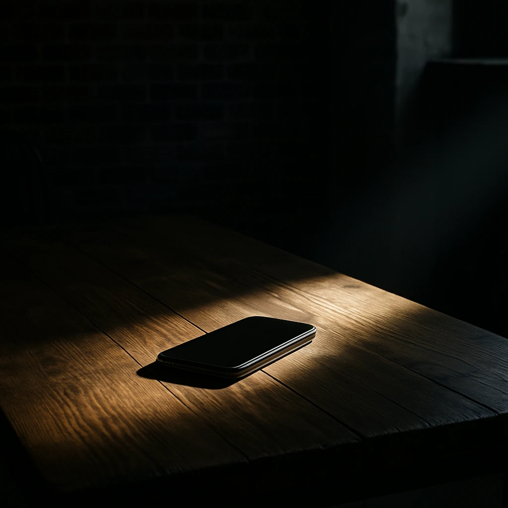 dark room in loft style, iphone lies on wooden table, beam of light shines directly on it and on table emoji