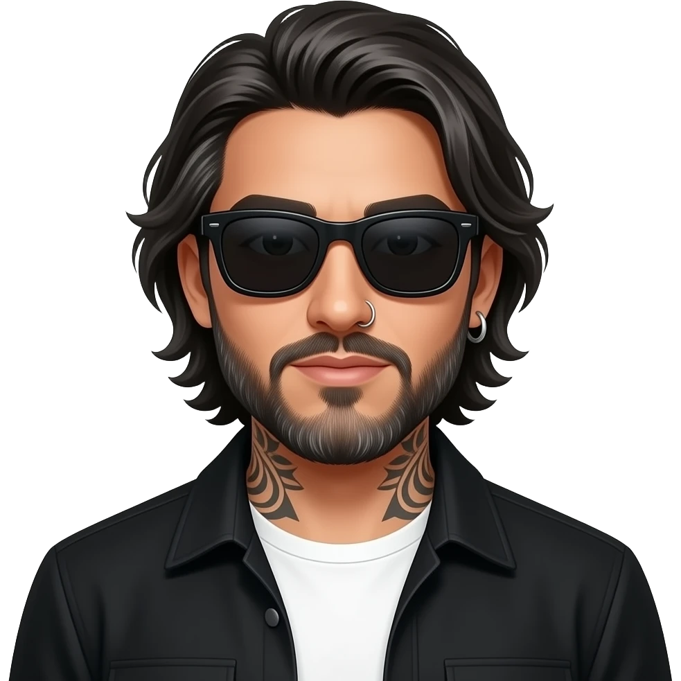 A handsome Latino man with medium length hair and pretty long beard with some grays and tattoos with a right nose hoop and a left earring hoop wearing all black with a white undershirt and black sunglasses emoji