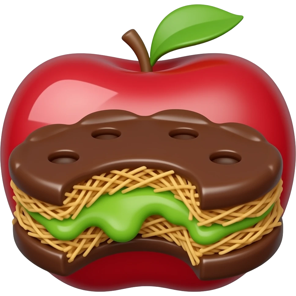 A 3D Apple-style emoji of a thick, chewy chocolate cookie with a bite taken out. The cross-section reveals a gooey, stretchy inner layer and a vibrant green pistachio filling packed with crispy, thin golden kataifi threads. emoji