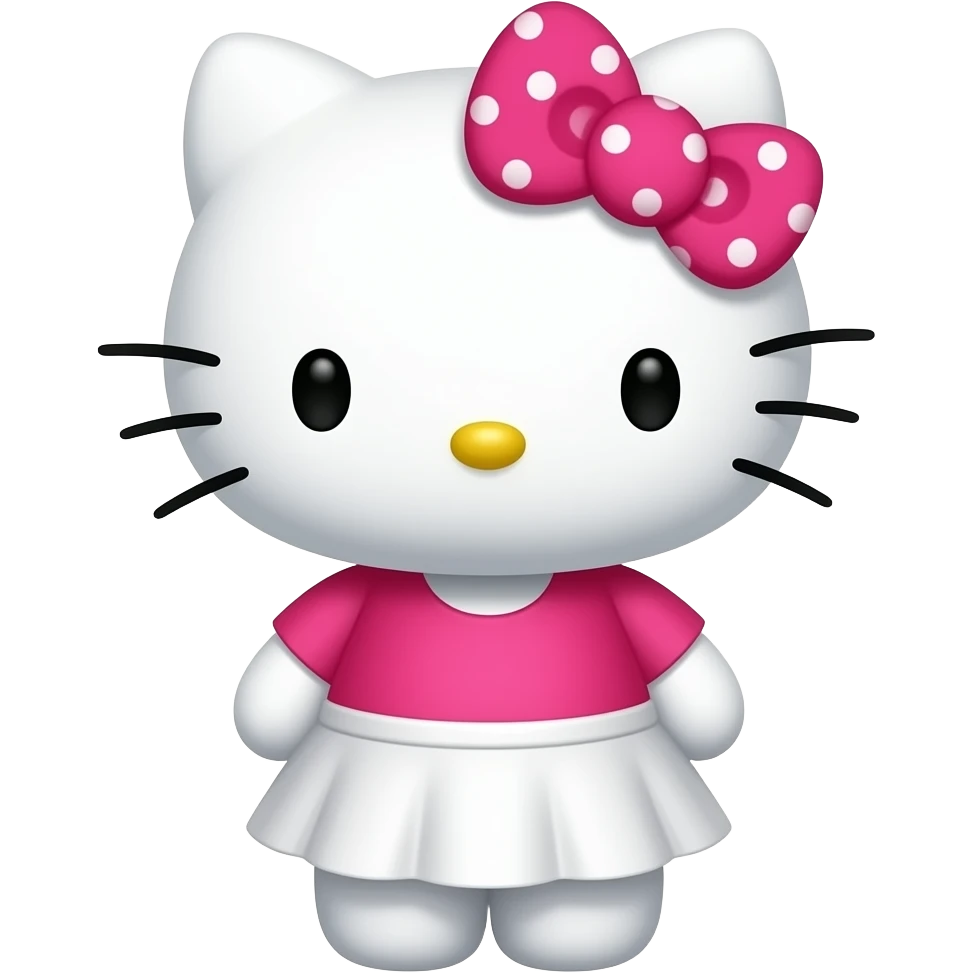 hello kitty wearing white with white skirt and a hot pink shirt with a hot pink with white polka dots bow emoji