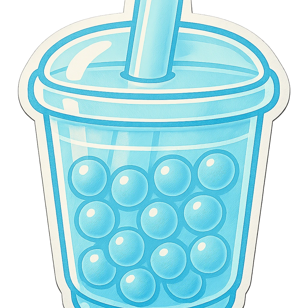 Add more tapioca pearls to the bubble tea cup, making them semi-transparent with visible shadows and highlights on each pearl. The pearls should look soft and glossy, showing light reflections and a sense of depth. Keep the overall cute pastel blue retro sticker style, and do not change the cup or straw. emoji