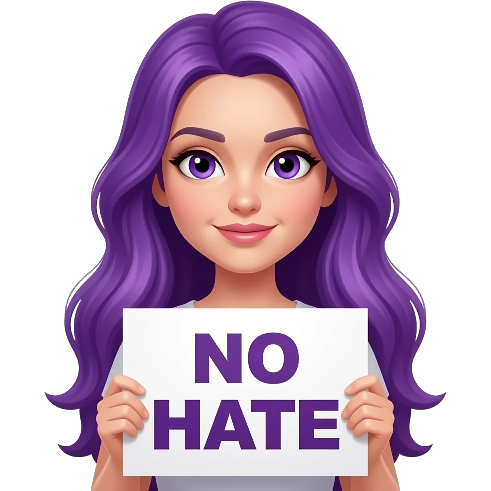 sexy girl with long purple hair and purple eyes holding a NO HATE sign emoji