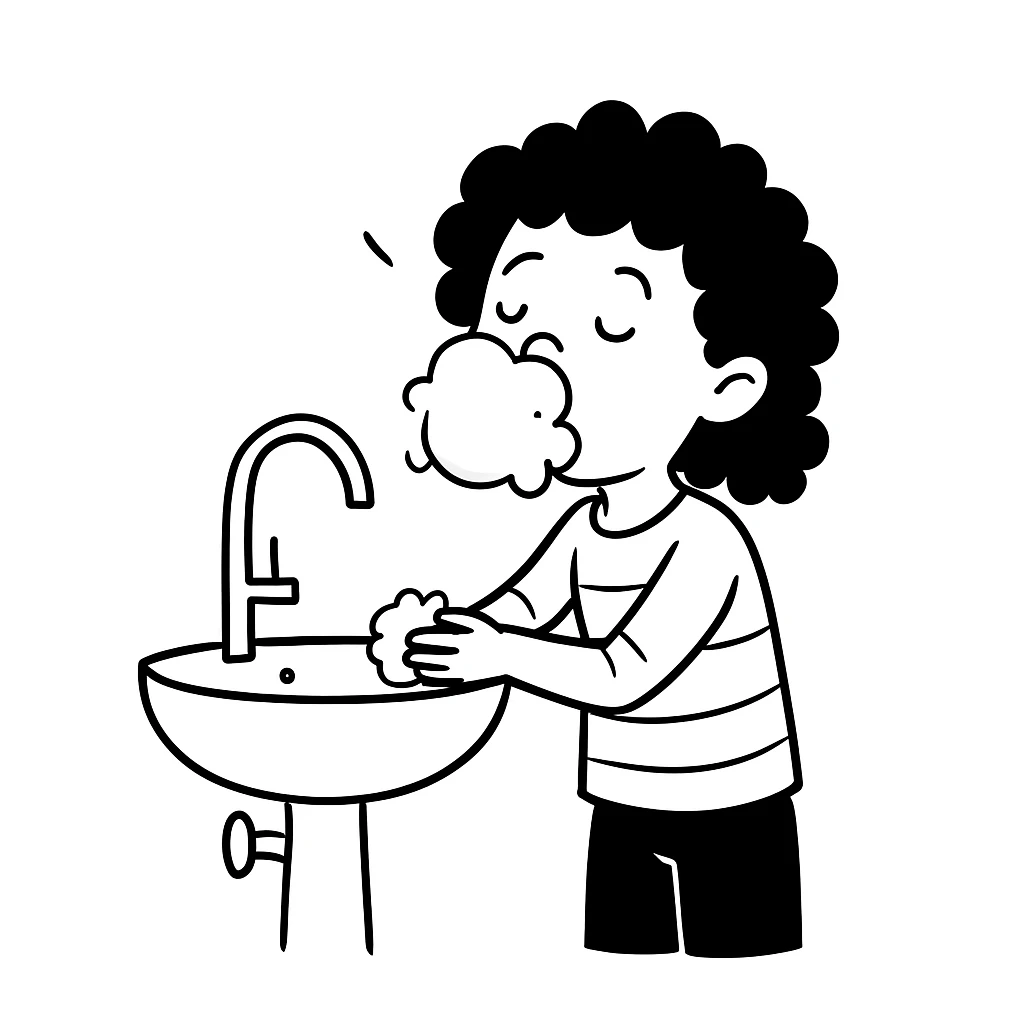 Edit the image of a girl washing her face with bubbles, curly hair, same style as the original. emoji