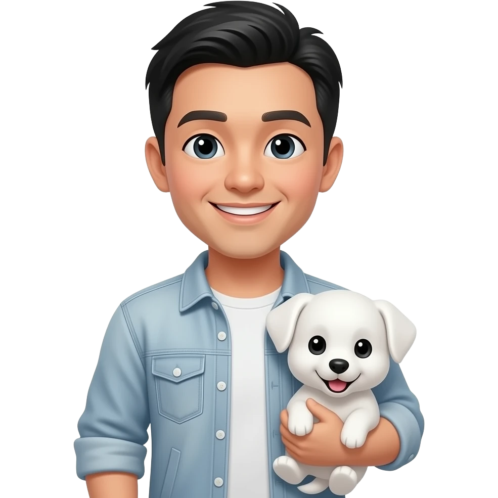 An emoji of a smiling Asian man with black hair holding a white puppy. emoji