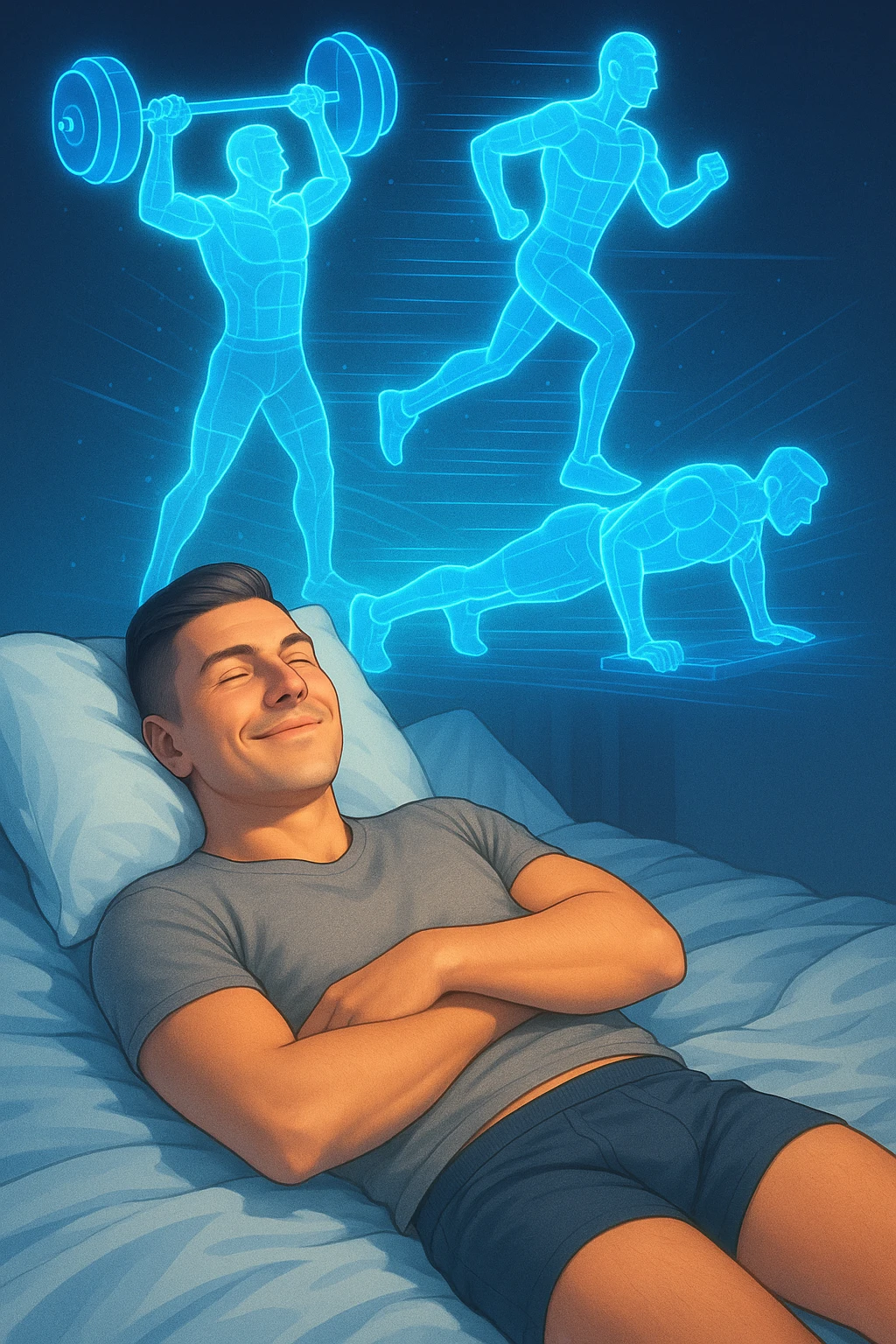 "Un uomo rilassato sdraiato a letto (in pigiama o biancheria intima), con gli occhi chiusi e un sorriso soddisfatto. Dal suo corpo si stacca un doppio olografico luminoso (il suo 'sé visualizzato') che invece sta facendo esercizio fisico con energia: solleva pesi, corre su un tapis roulant invisibile o fa flessioni a mezz'aria. emoji