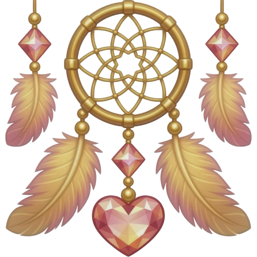 Reddish-pinkish and golden warm-colored romantic lush beautiful pretty hanging crystal-catcher aesthetic with hearts and sparkles and feathers emoji