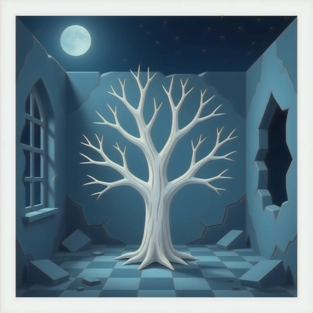 surrealistic - white bare haunted tree grows in a damaged room emoji