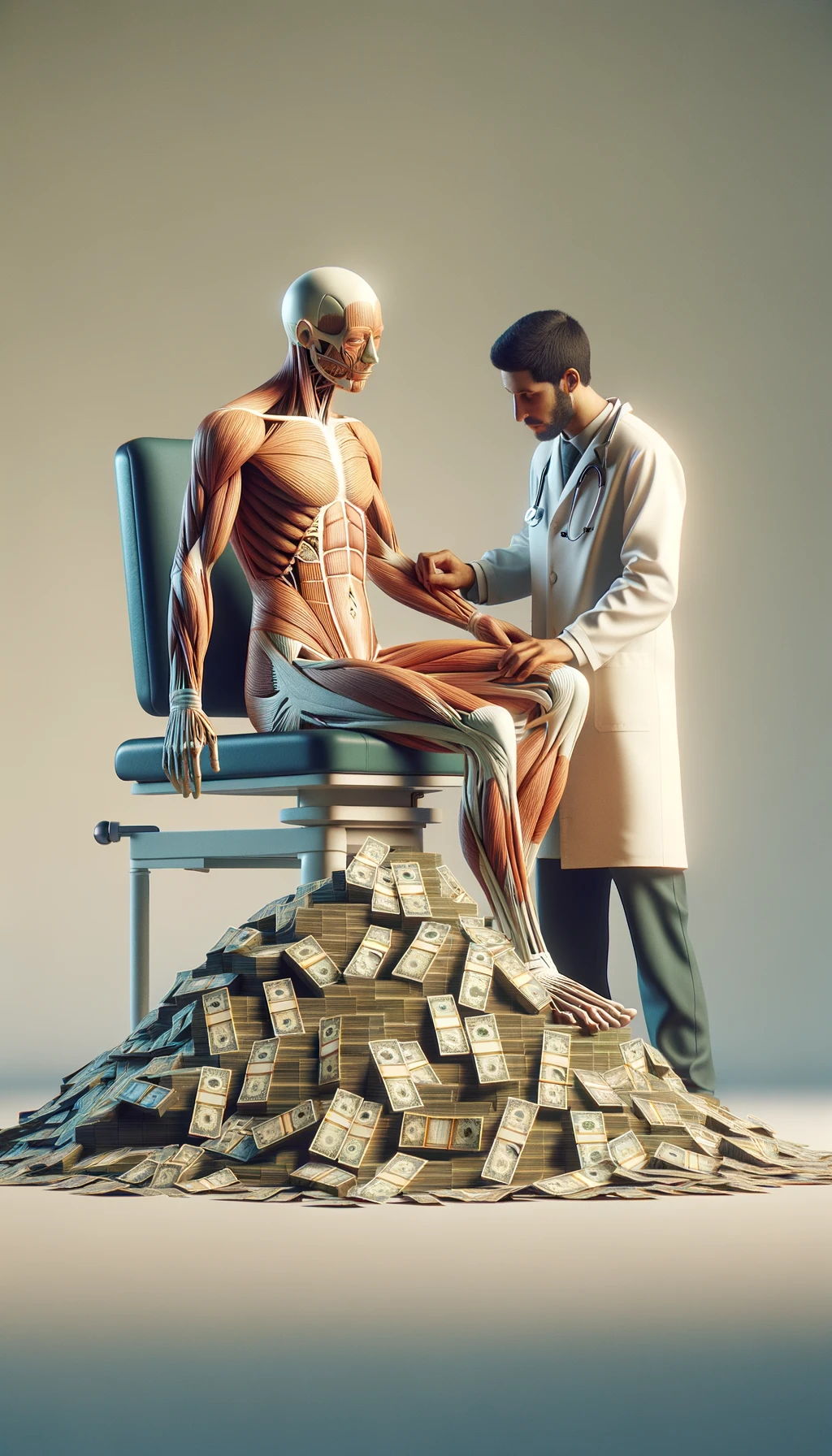corpo umano anatomico seduto dal medico con una montagna di banconote ai piedi, con sfondo chiaro neutro, iperrealistico 4k emoji