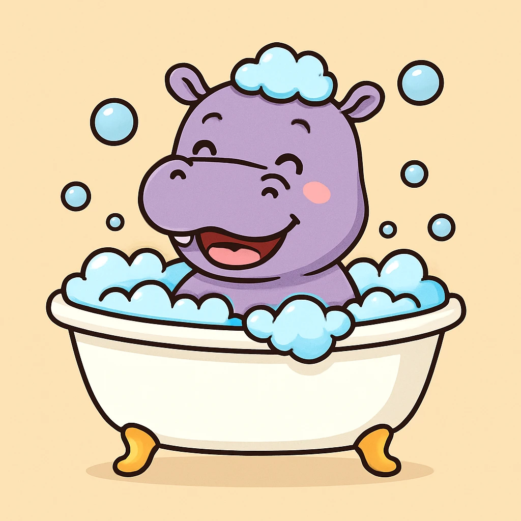 color vector art with thin outline of happy hippo with bubbles in bathtub emoji