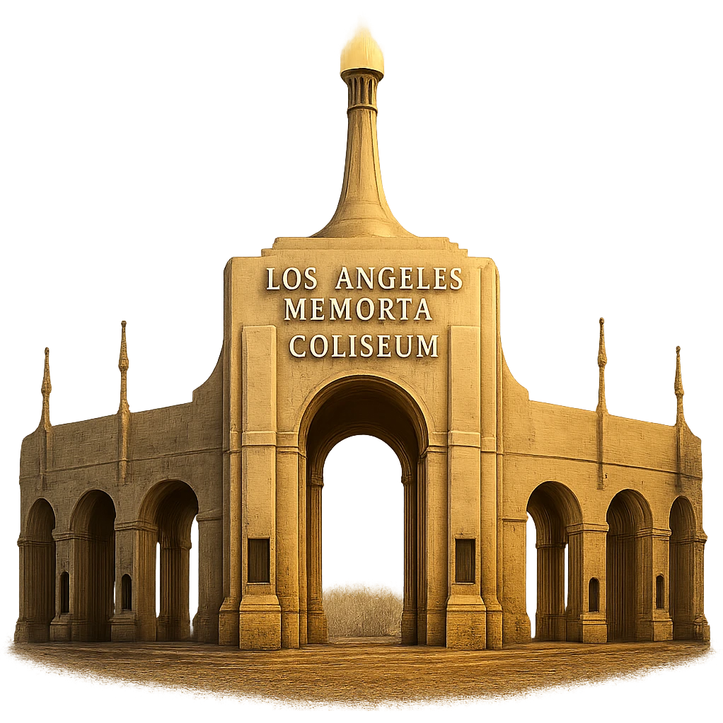 cinematic, realistic emoji of the Los Angeles Memorial Coliseum, majestic ornate architecture, lifelike detail, regal lighting, transparent background emoji