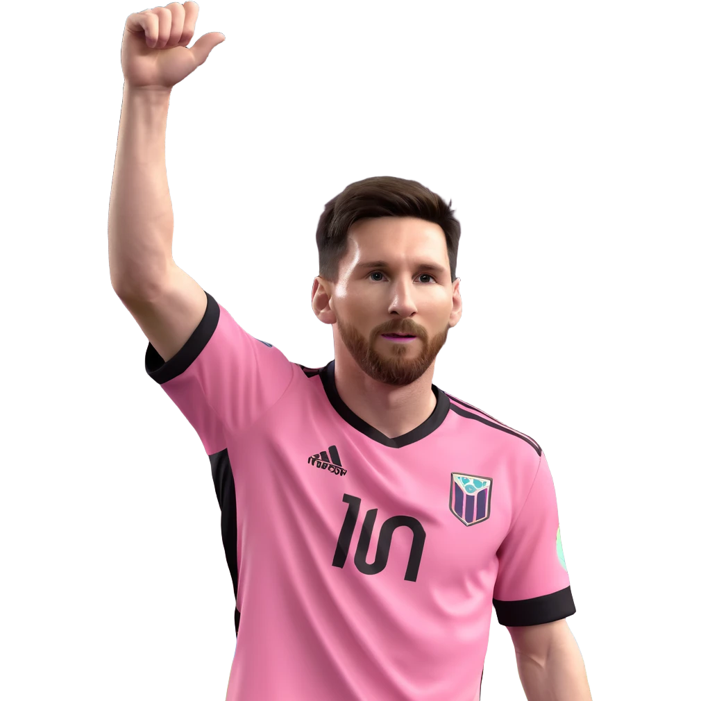 Lionel Messi in a Miami soccer kit, celebrating a goal, arms raised, pink and black jersey emoji