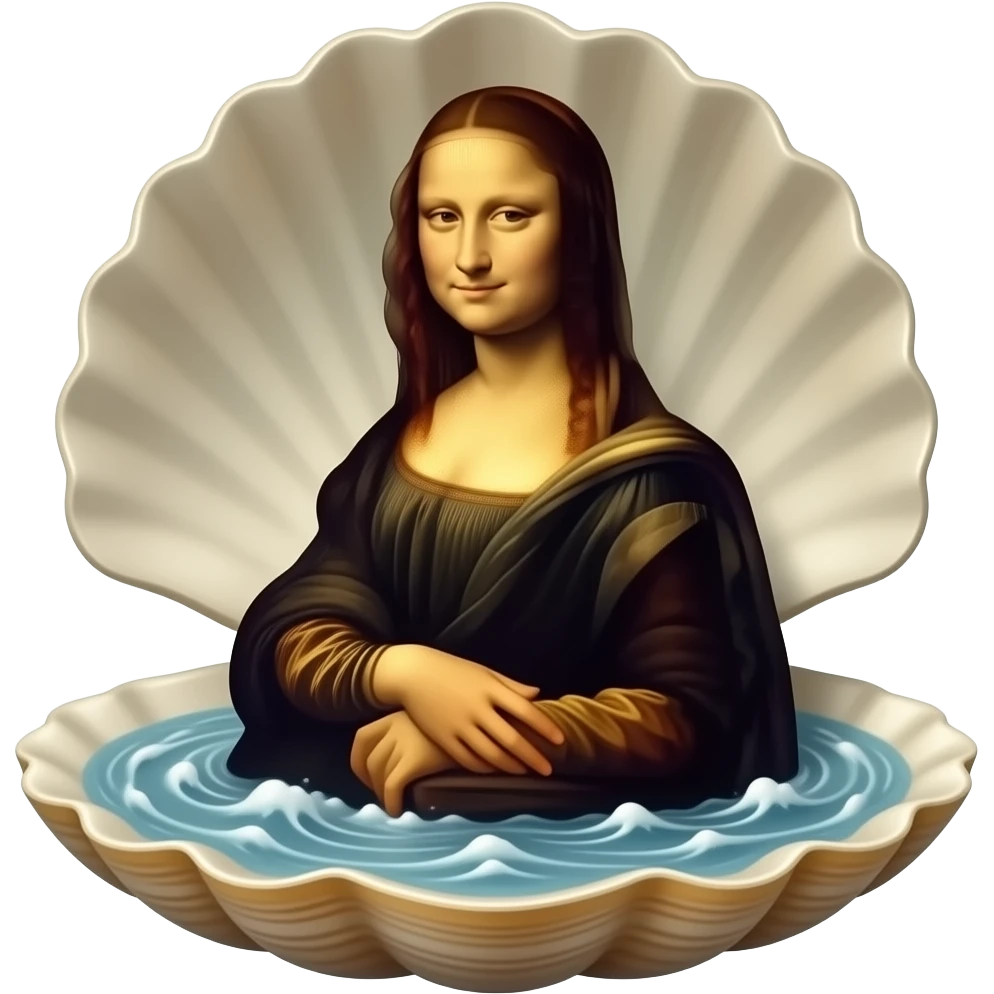 a solarpunk style - the ethereal Venus from Sandro Botticelli's painting, born from sea foam and standing in a shell, but with the face of Da Vinci's Mona Lisa emoji