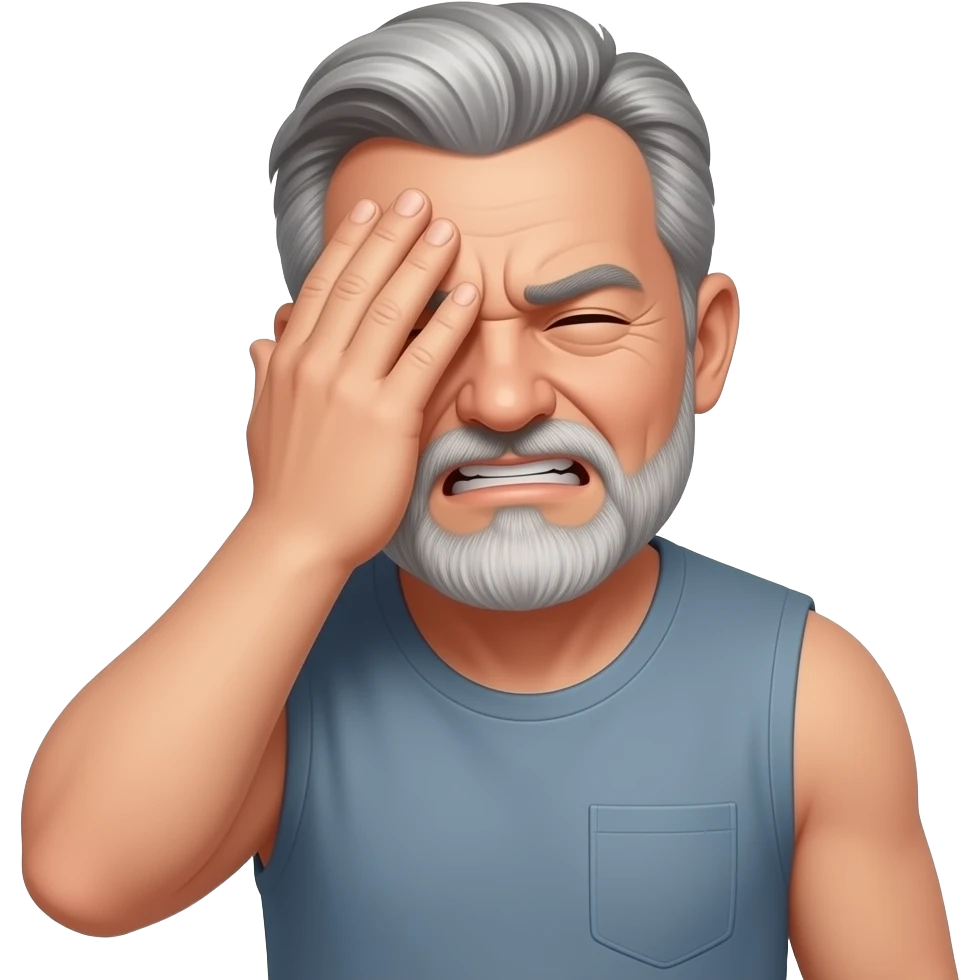 60 year man with goatee with hand over face frustrated sleeveless grey hair tee shirt emoji