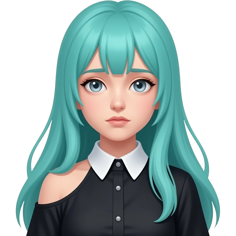 girl, sad, long flowing teal hair, grey eyes, black shoulder cyberpunk blouse with fancy white collar emoji