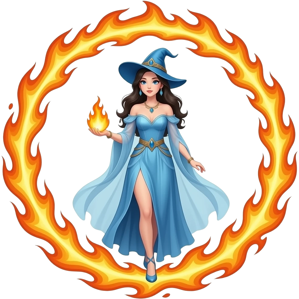 An elegant sorceress in a long ethereal blue dress carries a small flaming globe in her hand and walks through a huge flaming ring emoji