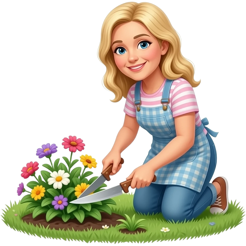 50 year old long blonde hair cutting flowers in yard emoji