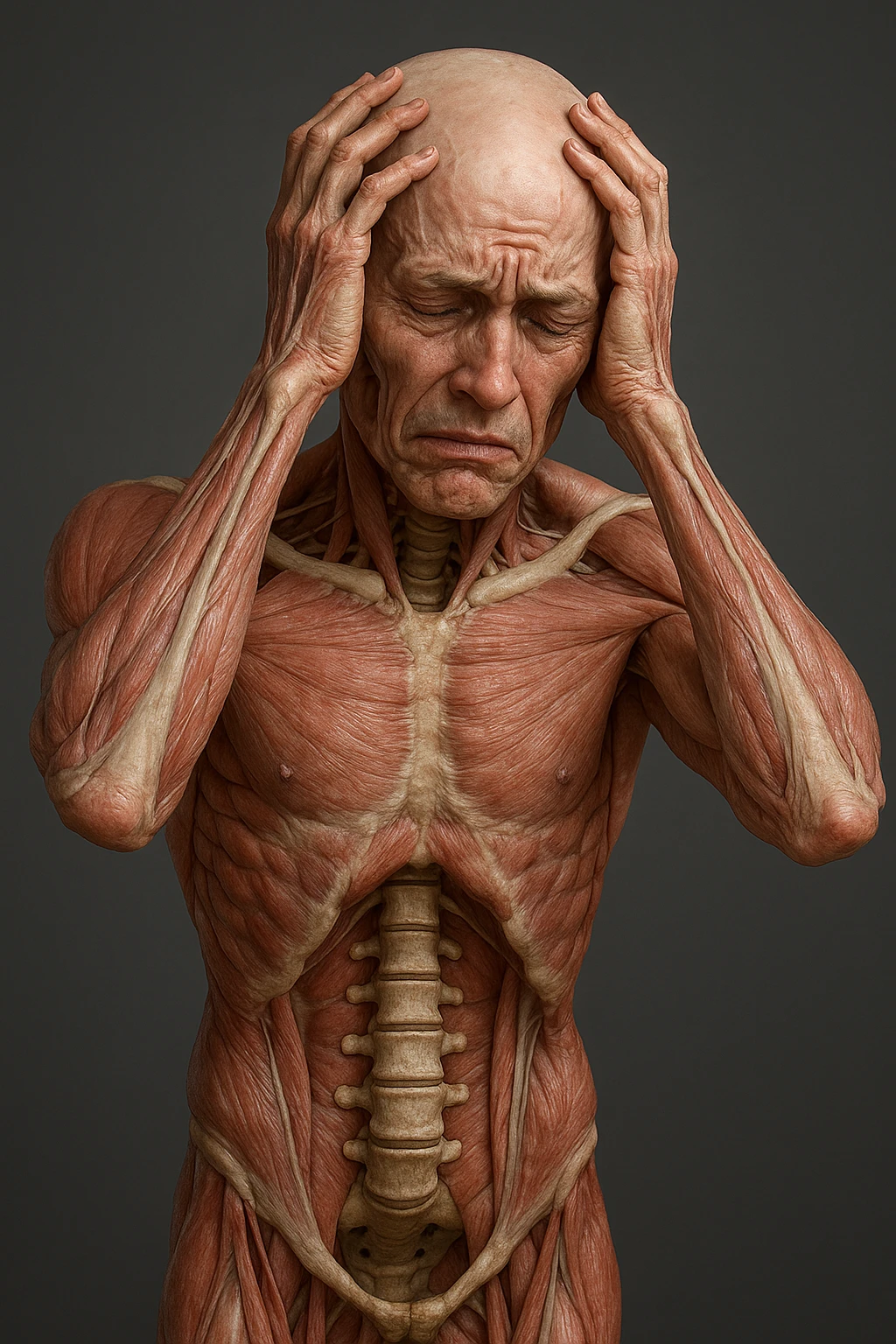 CORPO UMANO ANATOMICO con spina dorsale in evidenza, molto stanca e stressata mentre si tiene le mani sulla testa, IPERREALISTICO 4K emoji