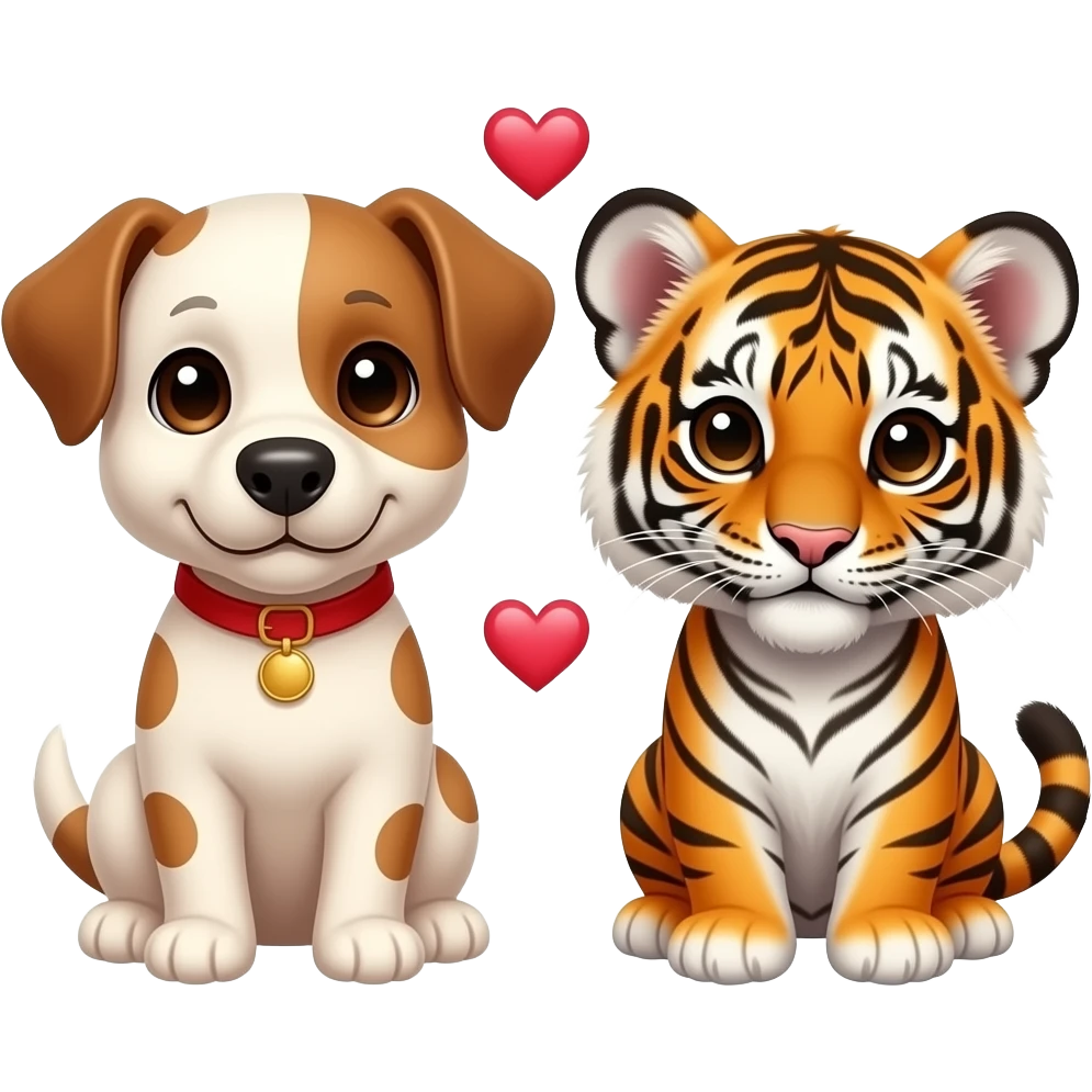 puppy dog and tiger cub with 2 small revolving love hearts  in between emoji