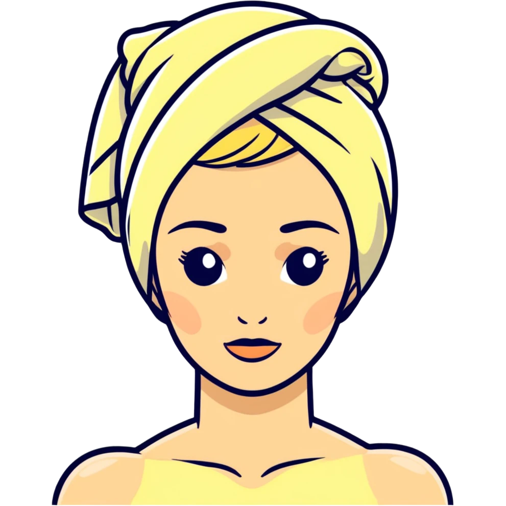 Blonde woman with a towel on her head and a facial muscles emoji