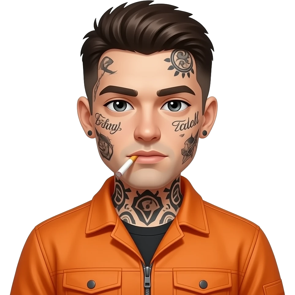 Multiple facial tattoos short dark brown hair  wearing an orange jumpsuit smoking a cigarette emoji