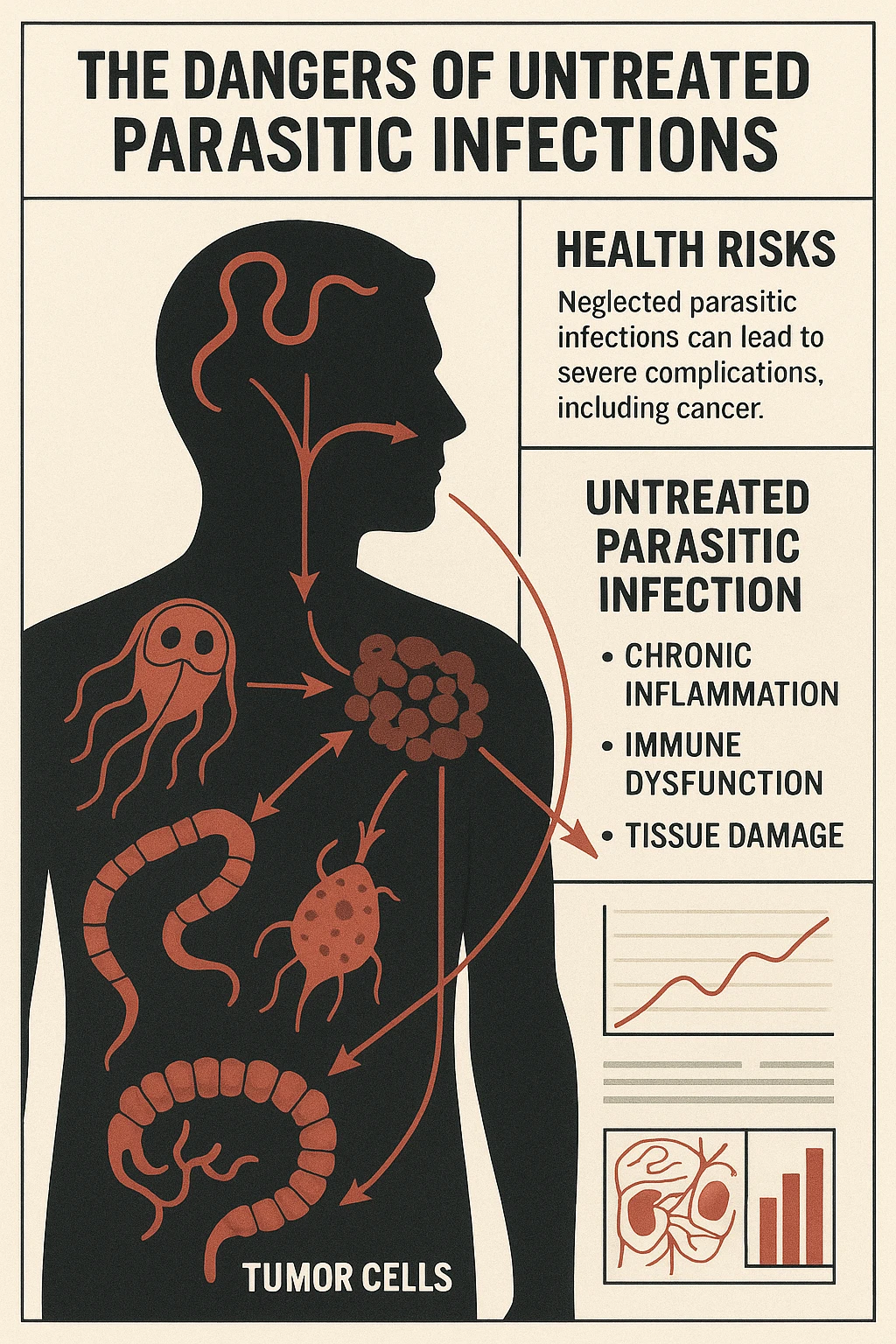 a man’s silhouette is filled with stylized images of parasites and tumor cells, connected by red lines or arrows to show cause and effect. The background features a medical chart or infographic about the dangers of untreated parasitic infections. The overall tone is serious and educational. emoji