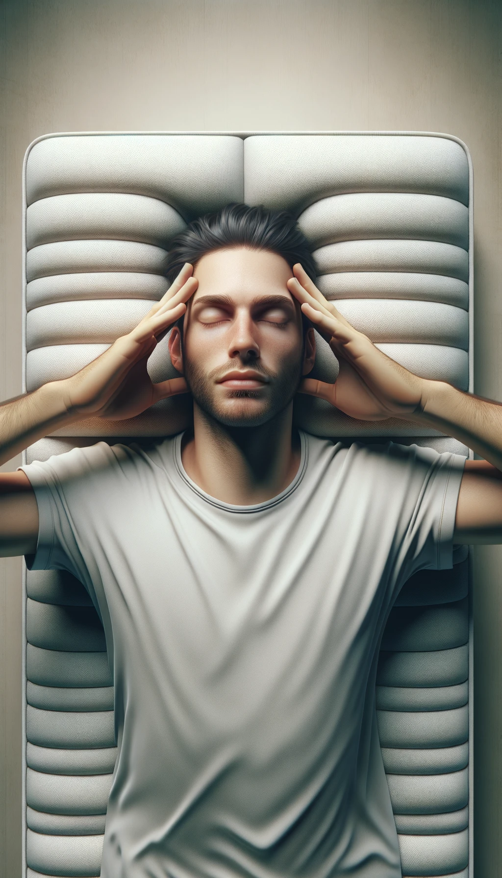 uomo steso sul materasso visto dall'alto che si concentra con gli occhi chiusi e le mani sulle tempie, SFONDO CHIARO NEUTRO, colori realistici, iperrealistico 4k emoji